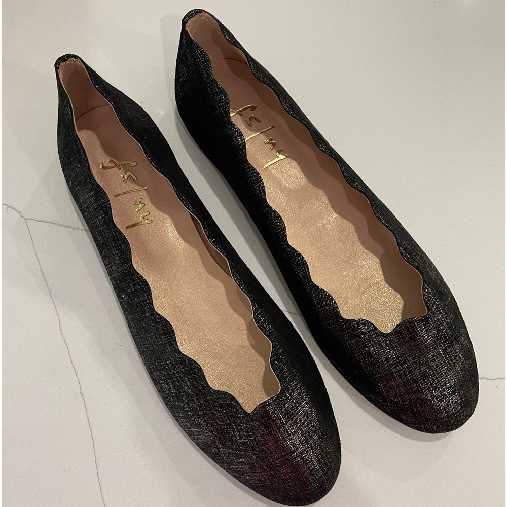 FSNY Jigsaw Ballet Flats NEW Size 10 Anthracite Metallic Leather Scallop…